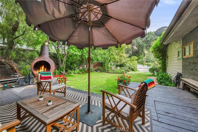 22658 Arriba Dr, Saugus, CA 91350 - view of patio / terrace featuring a warm lit fireplace and a deck