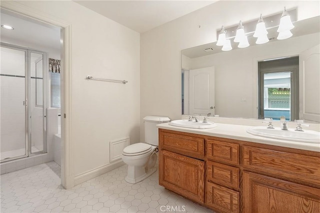 109 S Fairway Dr, Lake Arrowhead, CA 92352 - bathroom with a shower stall, toilet, and double vanity