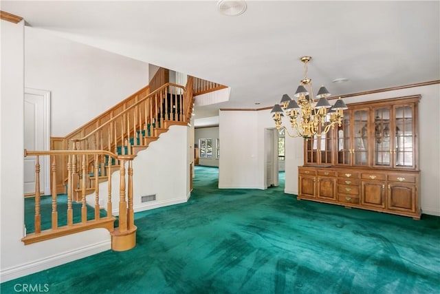 109 S Fairway Dr, Lake Arrowhead, CA 92352 - unfurnished dining area with stairway, a chandelier, baseboards, carpet floors, and crown molding
