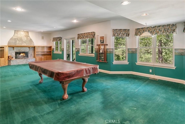 109 S Fairway Dr, Lake Arrowhead, CA 92352 - rec room featuring carpet, baseboards, recessed lighting, billiards table, and a fireplace