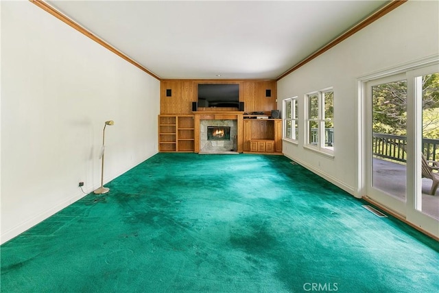 109 S Fairway Dr, Lake Arrowhead, CA 92352 - unfurnished living room with crown molding, carpet flooring, a fireplace, and baseboards