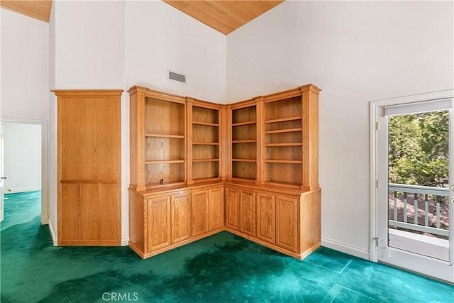109 S Fairway Dr, Lake Arrowhead, CA 92352 - interior space with high vaulted ceiling, dark carpet, and baseboards