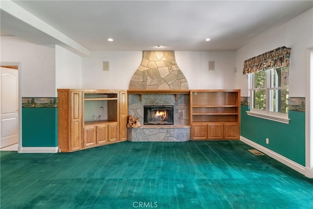 109 S Fairway Dr, Lake Arrowhead, CA 92352 - unfurnished living room featuring carpet, baseboards, a fireplace, and recessed lighting