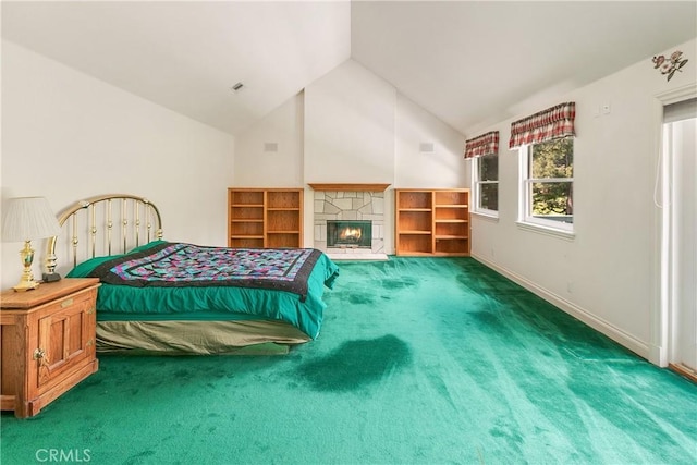 109 S Fairway Dr, Lake Arrowhead, CA 92352 - bedroom featuring carpet, lofted ceiling, and a fireplace