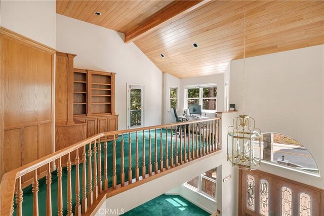 109 S Fairway Dr, Lake Arrowhead, CA 92352 - hallway with a chandelier and wooden ceiling