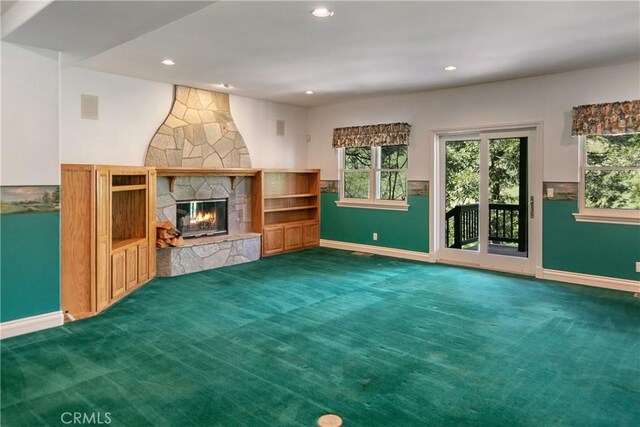 109 S Fairway Dr, Lake Arrowhead, CA 92352 - unfurnished living room featuring baseboards, carpet floors, a stone fireplace, and recessed lighting