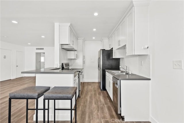 kitchen featuring appliances with stainless steel finishes, a sink, under cabinet range hood, dark countertops, and a breakfast bar area