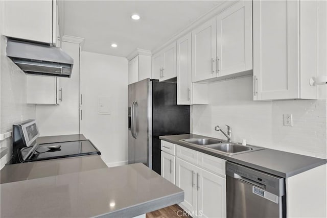 kitchen with stainless steel appliances, a sink, under cabinet range hood, white cabinetry, and backsplash