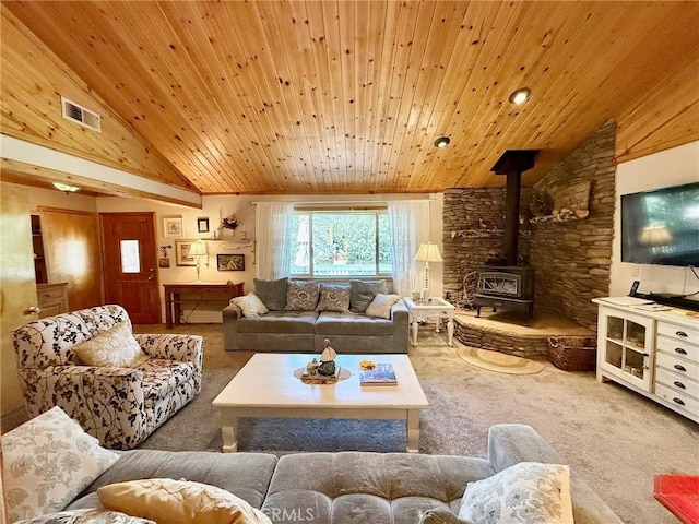 1900 Teton Way, Pine Mountain Club, CA 93222 - living area with carpet floors, a wood stove, lofted ceiling, and wooden ceiling