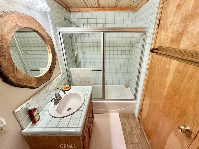 1900 Teton Way, Pine Mountain Club, CA 93222 - full bath featuring vanity, shower / bath combination with glass door, and wooden ceiling