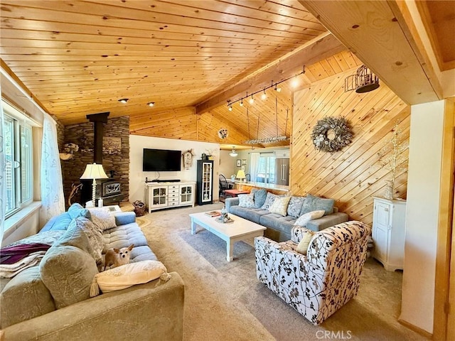 1900 Teton Way, Pine Mountain Club, CA 93222 - carpeted living room featuring a wood stove, healthy amount of natural light, wooden ceiling, wood walls, and track lighting