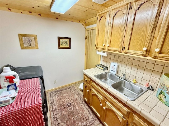 1900 Teton Way, Pine Mountain Club, CA 93222 - kitchen with tile counters, backsplash, and wooden ceiling