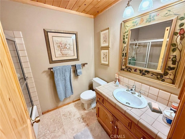 1900 Teton Way, Pine Mountain Club, CA 93222 - full bath featuring toilet, vanity, backsplash, crown molding, and wood ceiling