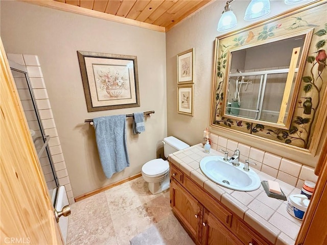 1900 Teton Way, Pine Mountain Club, CA 93222 - full bathroom with vanity, backsplash, crown molding, wooden ceiling, and combined bath / shower with glass door