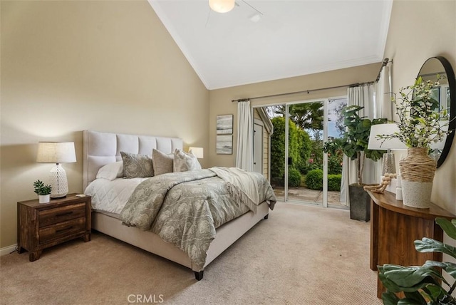 19 Rollins Pl, Laguna Niguel, CA 92677 - bedroom with vaulted ceiling, light carpet, access to exterior, ornamental molding, and ceiling fan