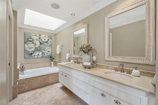 19 Rollins Pl, Laguna Niguel, CA 92677 - bathroom featuring crown molding, a garden tub, a skylight, and double vanity