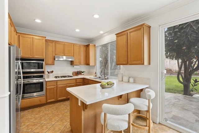 kitchen featuring stainless steel appliances, a sink, under cabinet range hood, a peninsula, and light tile patterned floors