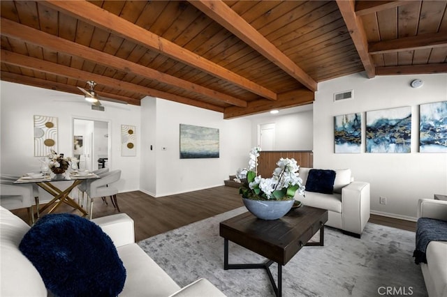 196 Coral View St, Monterey Park, CA 91755 - living area featuring wood ceiling, wood finished floors, beamed ceiling, baseboards, and ceiling fan