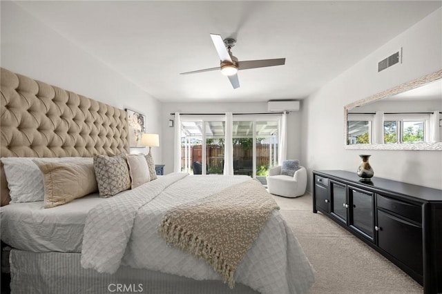 196 Coral View St, Monterey Park, CA 91755 - bedroom featuring an AC wall unit, light carpet, multiple windows, and ceiling fan
