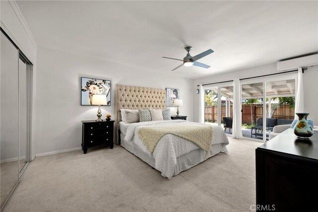 196 Coral View St, Monterey Park, CA 91755 - bedroom with a wall unit AC, access to outside, light carpet, a closet, and a ceiling fan
