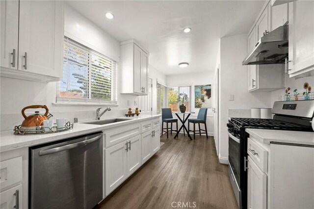 196 Coral View St, Monterey Park, CA 91755 - kitchen featuring appliances with stainless steel finishes, a sink, under cabinet range hood, white cabinetry, and wood finished floors