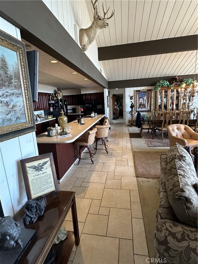 building lobby with wood ceiling