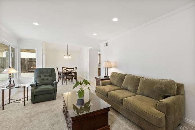 9501 High Park Ln, San Diego, CA 92129 - living room featuring light colored carpet, recessed lighting, ornamental molding, and a chandelier