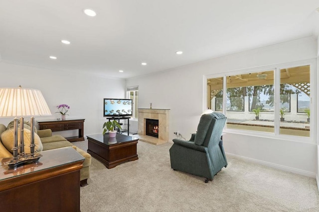 9501 High Park Ln, San Diego, CA 92129 - living room with plenty of natural light, recessed lighting, light carpet, a tile fireplace, and ornamental molding