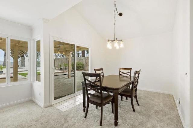 9501 High Park Ln, San Diego, CA 92129 - dining room with a chandelier, light carpet, and vaulted ceiling