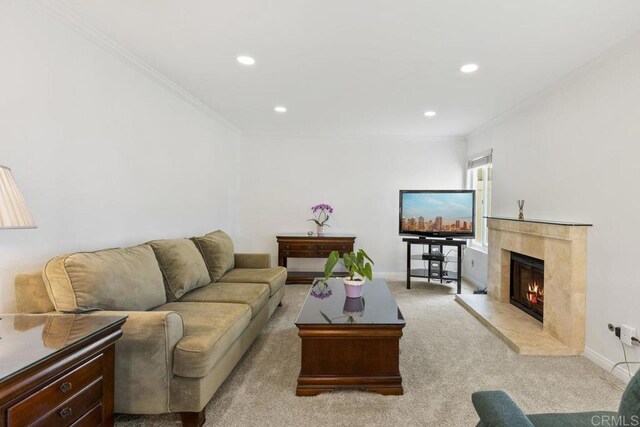 9501 High Park Ln, San Diego, CA 92129 - living room featuring ornamental molding, recessed lighting, a premium fireplace, and carpet