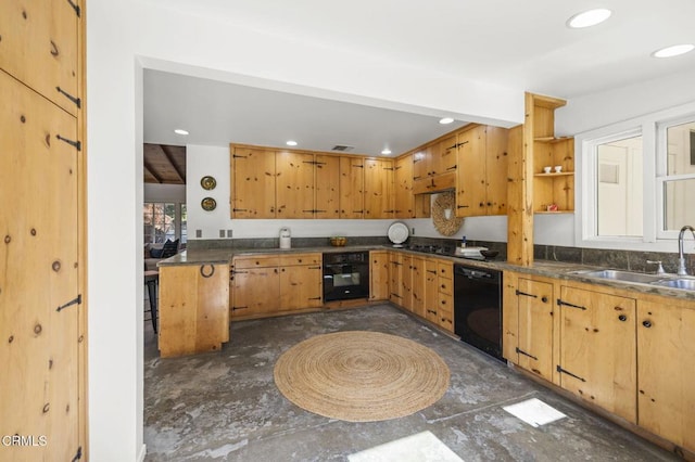 kitchen with black appliances, a sink, dark countertops, open shelves, and recessed lighting
