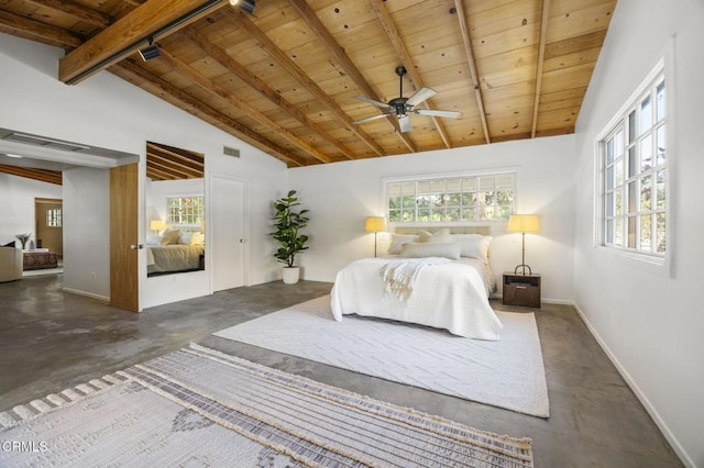 bedroom with wood ceiling, finished concrete flooring, multiple windows, and baseboards