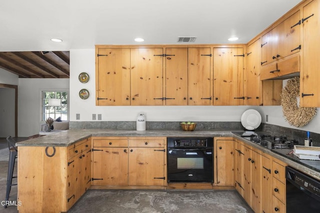 kitchen with black appliances, a peninsula, concrete floors, dark countertops, and a breakfast bar