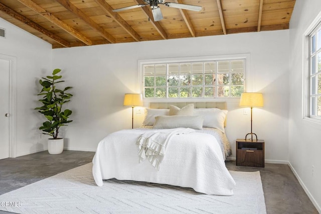 bedroom featuring wood ceiling, multiple windows, concrete flooring, and baseboards