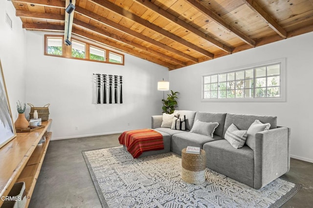 living area with wooden ceiling, concrete floors, and baseboards