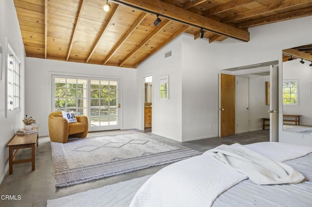 bedroom featuring rail lighting, wooden ceiling, baseboards, beamed ceiling, and access to outside