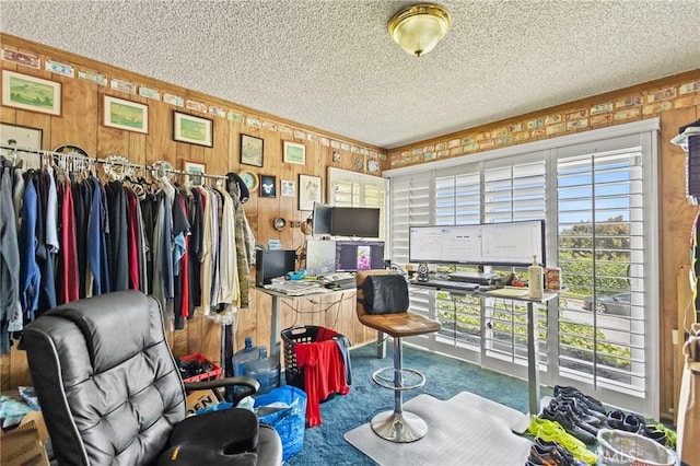 5134 Veronica St, Los Angeles, CA 90008 - office area with a textured ceiling, carpet floors, crown molding, and wooden walls