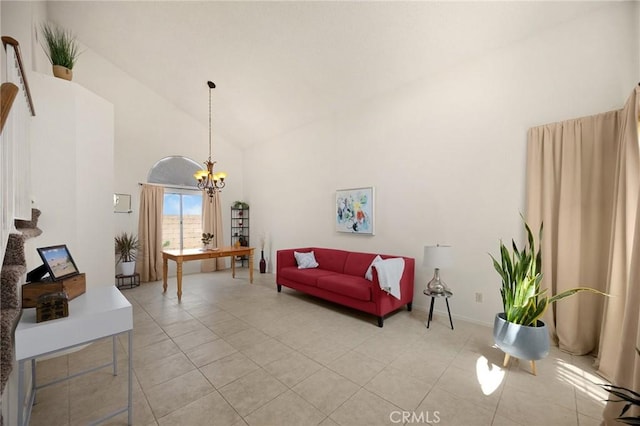 27559 Avenida Interno, Menifee, CA 92585 - living area featuring high vaulted ceiling, a chandelier, and light tile patterned flooring