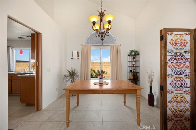 27559 Avenida Interno, Menifee, CA 92585 - dining room with a chandelier, high vaulted ceiling, and light tile patterned flooring