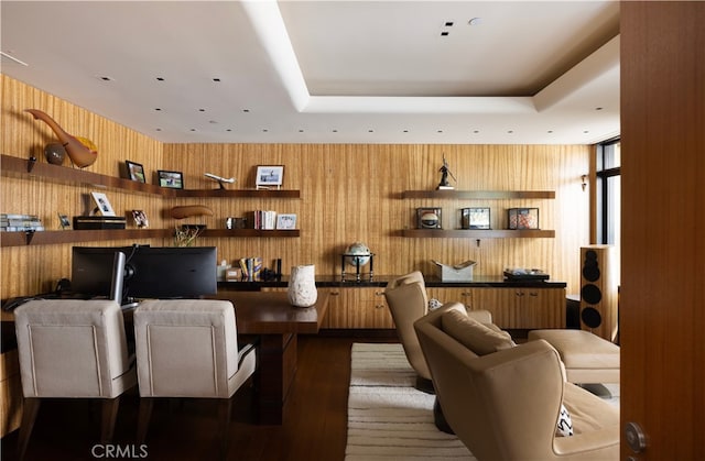 2526 Riviera Dr, Laguna Beach, CA 92651 - living room featuring wood finished floors, wood walls, an office area, and a raised ceiling