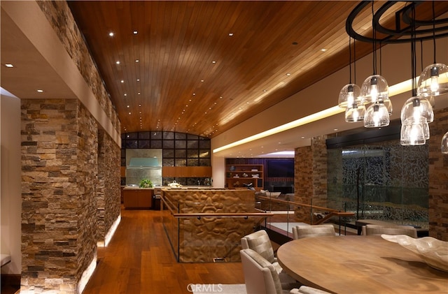 2526 Riviera Dr, Laguna Beach, CA 92651 - dining area with hardwood / wood-style flooring, wood ceiling, lofted ceiling, a chandelier, and recessed lighting