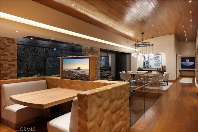 2526 Riviera Dr, Laguna Beach, CA 92651 - dining space with wood ceiling, wood finished floors, lofted ceiling, recessed lighting, and a chandelier