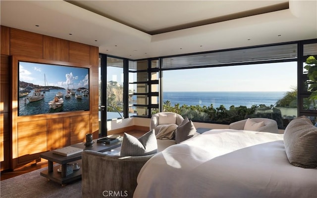 2526 Riviera Dr, Laguna Beach, CA 92651 - bedroom with a water view, wood finished floors, and a raised ceiling