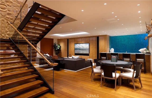 2526 Riviera Dr, Laguna Beach, CA 92651 - dining space featuring stairs, light wood-type flooring, and recessed lighting