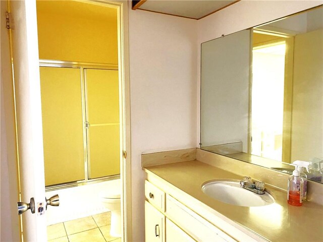 1740 Silver Maple Dr, La Habra, CA 90631 - bathroom with toilet, shower / bath combination with glass door, tile patterned flooring, and vanity