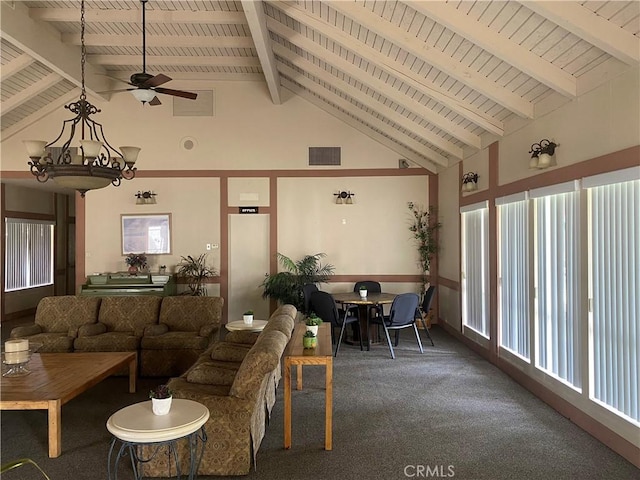 1740 Silver Maple Dr, La Habra, CA 90631 - living area featuring carpet, high vaulted ceiling, wood ceiling, beam ceiling, and a ceiling fan