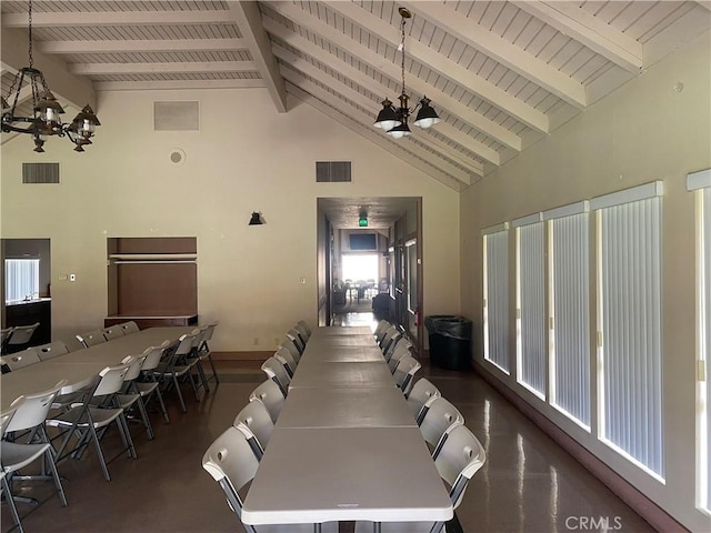 1740 Silver Maple Dr, La Habra, CA 90631 - dining area with a chandelier, high vaulted ceiling, beamed ceiling, wooden ceiling, and baseboards