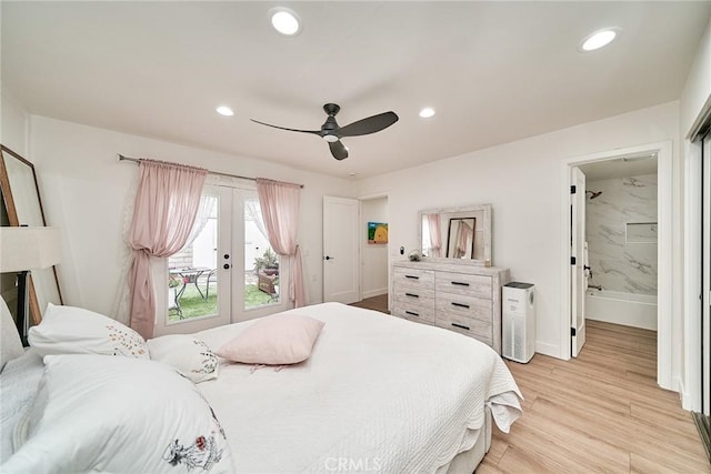 3004 Via Buena Vis Unit C, Laguna Woods, CA 92637 - bedroom featuring french doors, access to exterior, light wood-style floors, recessed lighting, and baseboards