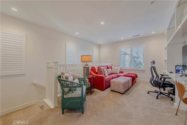 carpeted office space with recessed lighting and baseboards