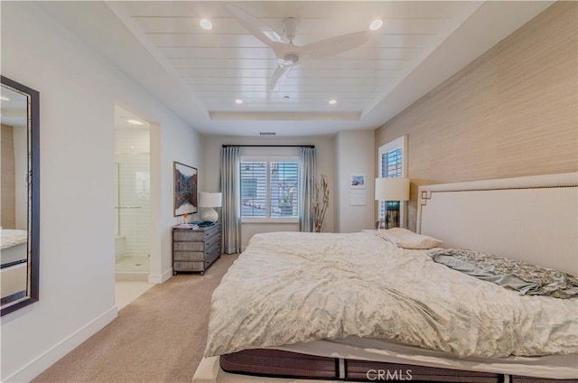 bedroom featuring light colored carpet, baseboards, connected bathroom, wood ceiling, and recessed lighting